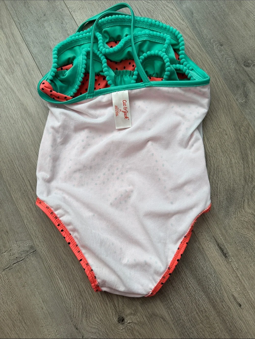 Kids Watermelon-Inspired Coral & Teal Ruffle One-Piece Swimsuit - Picture 6 of 6